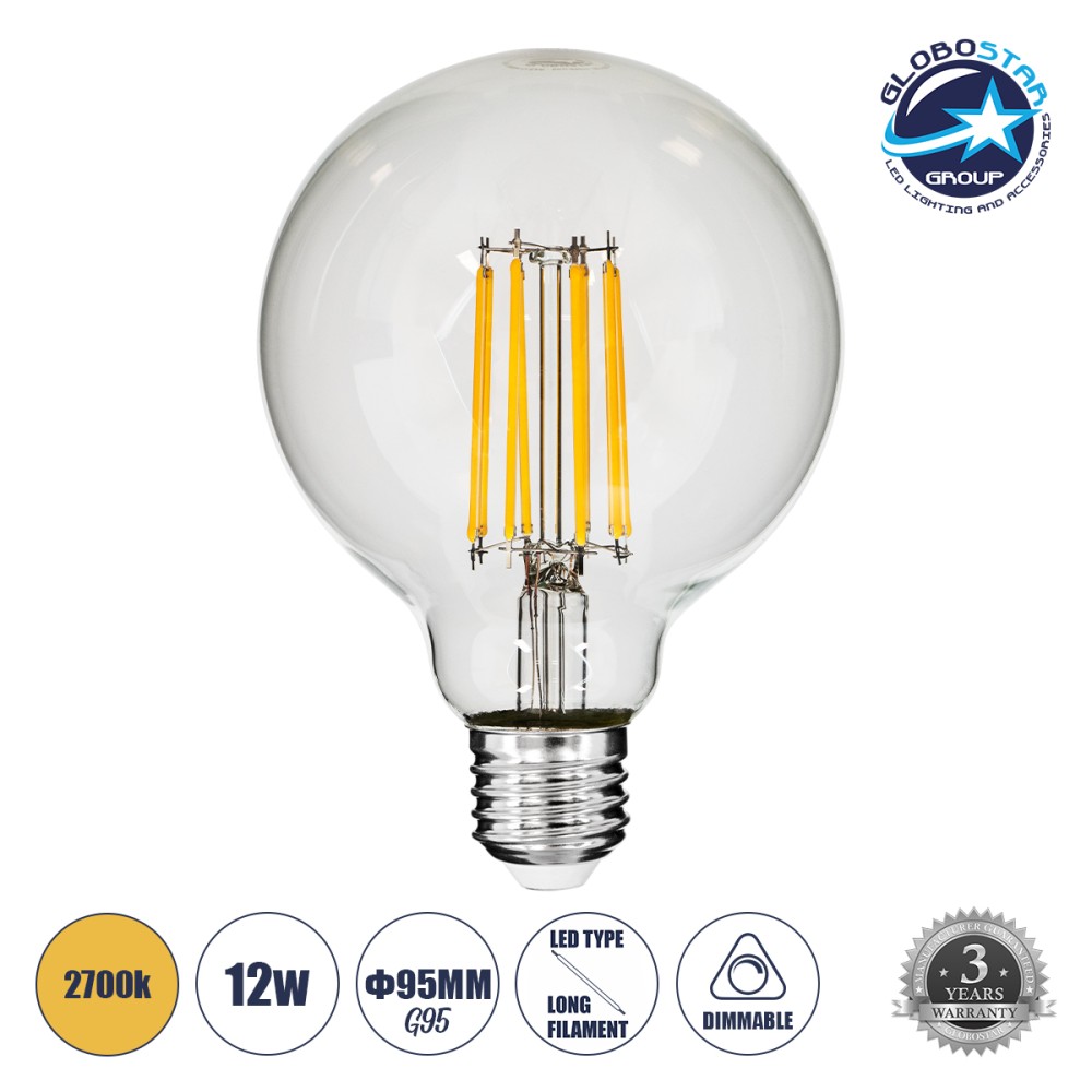 GLOBOSTAR® BUBBLE 99011 Λάμπα E27 G95 LED 12W 1200lm 360° AC 220-240V IP20 Θερμό Λευκό 2700K Dimmable - Long Filament Chip - Διάφανο - Μ9.5 x Π9.5 x Υ13.7cm - 3 Χρόνια Εγγύηση