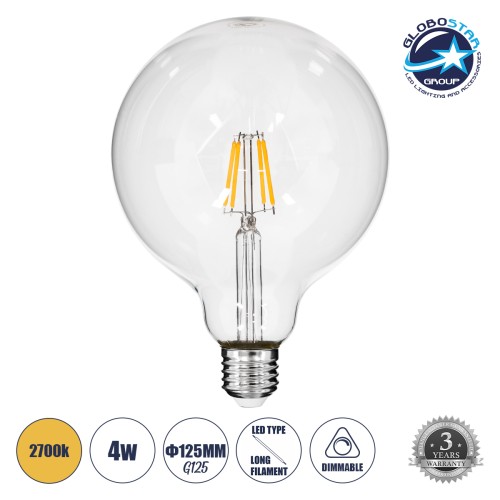 GLOBOSTAR® BUBBLE 99012 Λάμπα E27 G125 LED 4W 400lm 360° AC 220-240V IP20 Θερμό Λευκό 2700K Dimmable - Long Filament Chip - Διάφανο - Μ12.5 x Π12.5 x Υ18cm - 3 Χρόνια Εγγύηση