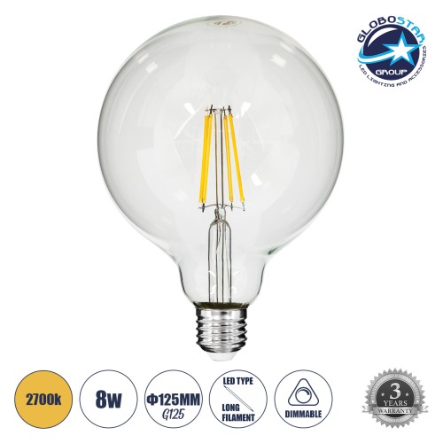 GLOBOSTAR® BUBBLE 99013 Λάμπα E27 G125 LED 8W 800lm 360° AC 220-240V IP20 Θερμό Λευκό 2700K Dimmable - Long Filament Chip - Διάφανο - Μ12.5 x Π12.5 x Υ18cm - 3 Χρόνια Εγγύηση