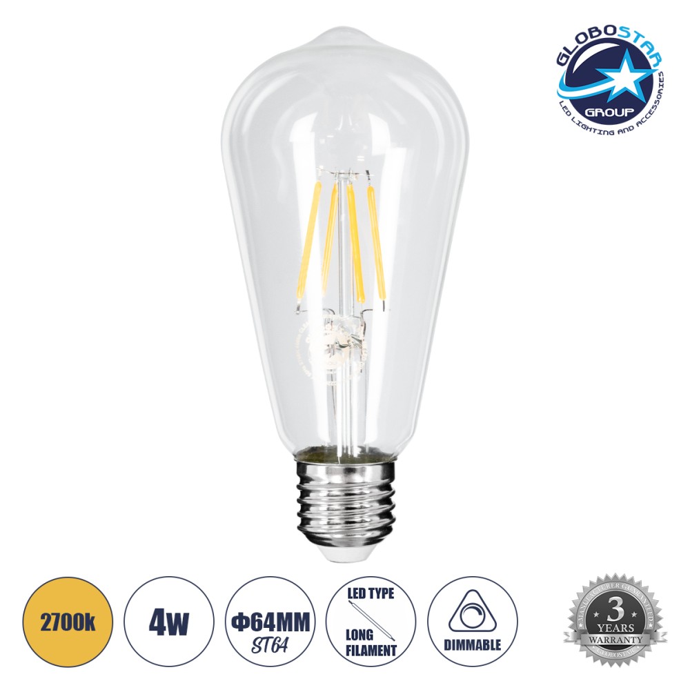 GLOBOSTAR® PEAR 99015 Λάμπα E27 ST64 LED 4W 400lm 360° AC 220-240V IP20 Θερμό Λευκό 2700K Dimmable - Long Filament Chip - Διάφανο - Μ6.4 x Π6.4 x Υ14cm - 3 Χρόνια Εγγύηση