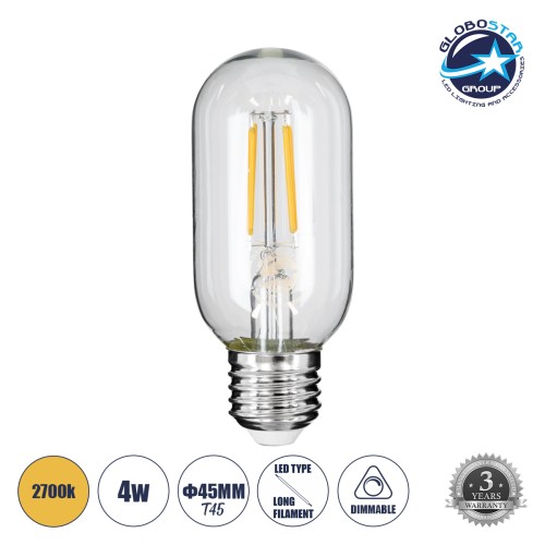 GLOBOSTAR® TUBIS 99018 Λάμπα Σωλήνας E27 T45 LED 4W 400lm 360° AC 220-240V IP20 Θερμό Λευκό 2700K Dimmable - Long Filament Chip - Διάφανο - Μ4.5 x Π4.5 x Υ11cm - 3 Χρόνια Εγγύηση