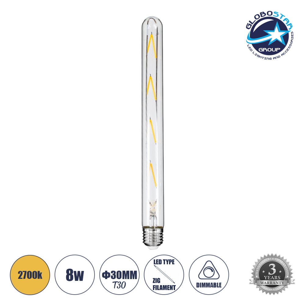 GLOBOSTAR® TUBIS 99020 Λάμπα Σωλήνας E27 T30 LED 8W 800lm 360° AC 220-240V IP20 Θερμό Λευκό 2700K Dimmable - Long Filament Chip - Διάφανο - Μ3 x Π3 x Υ30cm - 3 Χρόνια Εγγύηση