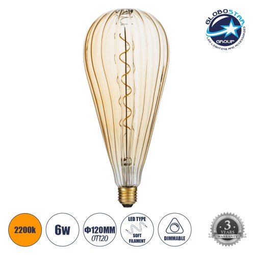 GLOBOSTAR® ZEPPELIN 99024 Λάμπα E27 OT120 LED 6W 420lm 360° AC 220-240V IP20 Ultra Θερμό Λευκό 2200K Dimmable - Soft S Spiral Filament Chip - Μελί - Μ12 x Π12 x Υ46cm - 3 Χρόνια Εγγύηση