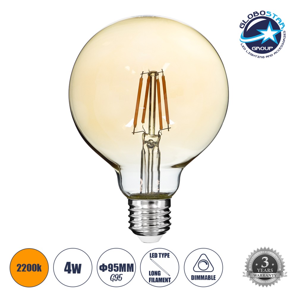 GLOBOSTAR® BUBBLE 99039 Λάμπα E27 G95 LED 4W 350lm 360° AC 220-240V IP20 Ultra Θερμό Λευκό 2200K Dimmable - Long Filament Chip - Μελί - Μ9.5 x Π9.5 x Υ13.7cm - 3 Χρόνια Εγγύηση