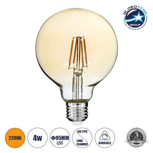 GLOBOSTAR® BUBBLE 99039 Λάμπα E27 G95 LED 4W 350lm 360° AC 220-240V IP20 Ultra Θερμό Λευκό 2200K Dimmable - Long Filament Chip - Μελί - Μ9.5 x Π9.5 x Υ13.7cm - 3 Χρόνια Εγγύηση