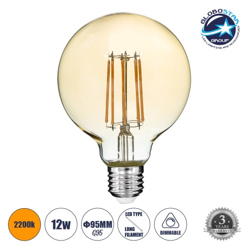GLOBOSTAR® BUBBLE 99041 Λάμπα E27 G95 LED 12W 1080lm 360° AC 220-240V IP20 Ultra Θερμό Λευκό 2200K Dimmable - Long Filament Chip - Μελί - Μ9.5 x Π9.5 x Υ13.7cm - 3 Χρόνια Εγγύηση