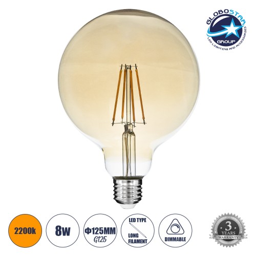 GLOBOSTAR® BUBBLE 99043 Λάμπα E27 G125 LED 8W 720lm 360° AC 220-240V IP20 Ultra Θερμό Λευκό 2200K Dimmable - Long Filament Chip - Μελί - Μ12.5 x Π12.5 x Υ18cm - 3 Χρόνια Εγγύηση