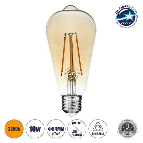 GLOBOSTAR® PEAR 99047 Λάμπα E27 ST64 LED 10W 900lm 360° AC 220-240V IP20 Ultra Θερμό Λευκό 2200K Dimmable - Long Filament Chip - Μελί - Μ6.4 x Π6.4 x Υ14cm - 3 Χρόνια Εγγύηση