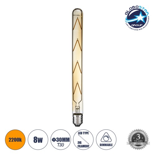 GLOBOSTAR® TUBIS 99050 Λάμπα Σωλήνας E27 T30 LED 8W 720lm 360° AC 220-240V IP20 Ultra Θερμό Λευκό 2200K Dimmable - Long Filament Chip - Μελί - Μ3 x Π3 x Υ30cm - 3 Χρόνια Εγγύηση