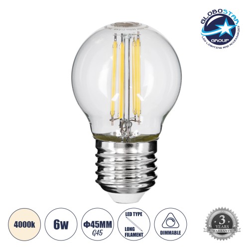 GLOBOSTAR® SPHERE 99052 Λάμπα E27 G45 LED 6W 660lm 360° AC 220-240V IP20 Φυσικό Λευκό 4500K Dimmable - Long Filament Chip -Διάφανο - Μ4.5 x Π4.5 x Υ7.5cm - 3 Χρόνια Εγγύηση