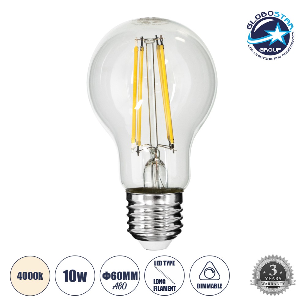 GLOBOSTAR® GLOBE 99053 Λάμπα E27 A60 LED 10W 1100lm 360° AC 220-240V IP20 Φυσικό Λευκό 4500K Dimmable - Long Filament Chip - Διάφανο - Μ6 x Π6 x Υ10.5cm - 3 Χρόνια Εγγύηση