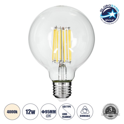 GLOBOSTAR® BUBBLE 99054 Λάμπα E27 G95 LED 12W 1320lm 360° AC 220-240V IP20 Φυσικό Λευκό 4000K Dimmable - Long Filament Chip - Διάφανο - Μ9.5 x Π9.5 x Υ13.5cm - 3 Χρόνια Εγγύηση