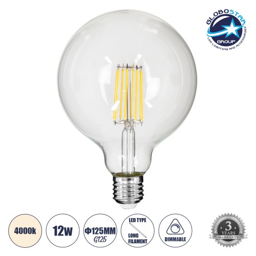 GLOBOSTAR® BUBBLE 99055 Λάμπα E27 G125 LED 12W 1320lm 360° AC 220-240V IP20 Φυσικό Λευκό 4500K Dimmable - Long Filament Chip - Διάφανο - Μ12.5 x Π12.5 x Υ18cm - 3 Χρόνια Εγγύηση