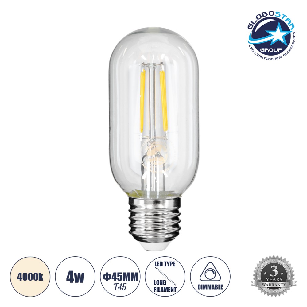 GLOBOSTAR® TUBIS 99057 Λάμπα Σωλήνας E27 T45 LED 4W 440lm 360° AC 220-240V IP20 Φυσικό Λευκό 4500K Dimmable - Long Filament Chip - Διάφανο - Μ4.5 x Π4.5 x Υ11cm - 3 Χρόνια Εγγύηση