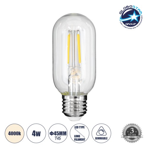GLOBOSTAR® TUBIS 99057 Λάμπα Σωλήνας E27 T45 LED 4W 440lm 360° AC 220-240V IP20 Φυσικό Λευκό 4500K Dimmable - Long Filament Chip - Διάφανο - Μ4.5 x Π4.5 x Υ11cm - 3 Χρόνια Εγγύηση