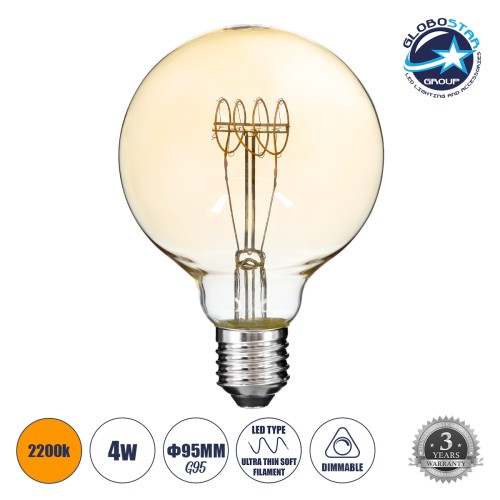 GLOBOSTAR® BUBBLE 99060 Λάμπα E27 G95 LED 4W 280lm 360° AC 220-240V IP20 Ultra Θερμό Λευκό 2200K Dimmable - Ultra Thin Soft Τ Spiral Filament Chip - Μελί - Μ9.5 x Π9.5 x Υ13.5cm - 3 Χρόνια Εγγύηση
