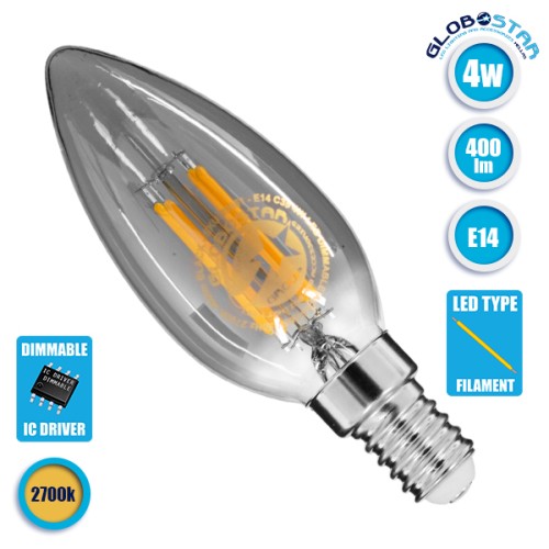 GLOBOSTAR® CANDLE 99061 Λάμπα Κεράκι E14 C35 LED 4W 400lm 360° AC 220-240V IP20 Θερμό Λευκό 2700K Dimmable - Filament Chip - Μαύρο Φιμέ - Μ3.5 x Π3.5 x Υ9.8cm - 3 Χρόνια Εγγύηση