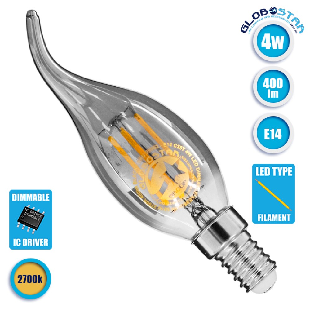 GLOBOSTAR® CANDLE 99062 Λάμπα Κεράκι E14 C35T LED 4W 400lm 360° AC 220-240V IP20 Θερμό Λευκό 2700K Dimmable - Filament Chip - Μαύρο Φιμέ - Μ3.5 x Π3.5 x Υ12cm - 3 Χρόνια Εγγύηση