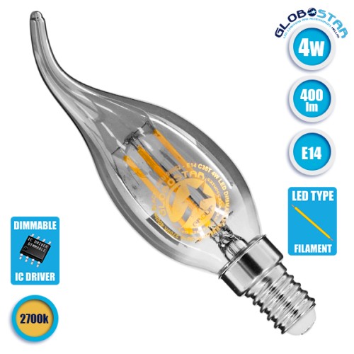 GLOBOSTAR® CANDLE 99062 Λάμπα Κεράκι E14 C35T LED 4W 400lm 360° AC 220-240V IP20 Θερμό Λευκό 2700K Dimmable - Filament Chip - Μαύρο Φιμέ - Μ3.5 x Π3.5 x Υ12cm - 3 Χρόνια Εγγύηση