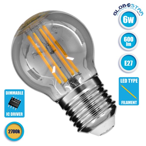 GLOBOSTAR® SPHERE 99065 Λάμπα E27 G45 LED 6W 600lm 360° AC 220-240V IP20 Θερμό Λευκό 2700K Dimmable - Long Filament Chip - Μαύρο Φιμέ - Μ4.5 x Π4.5 x Υ7.7cm - 3 Χρόνια Εγγύηση