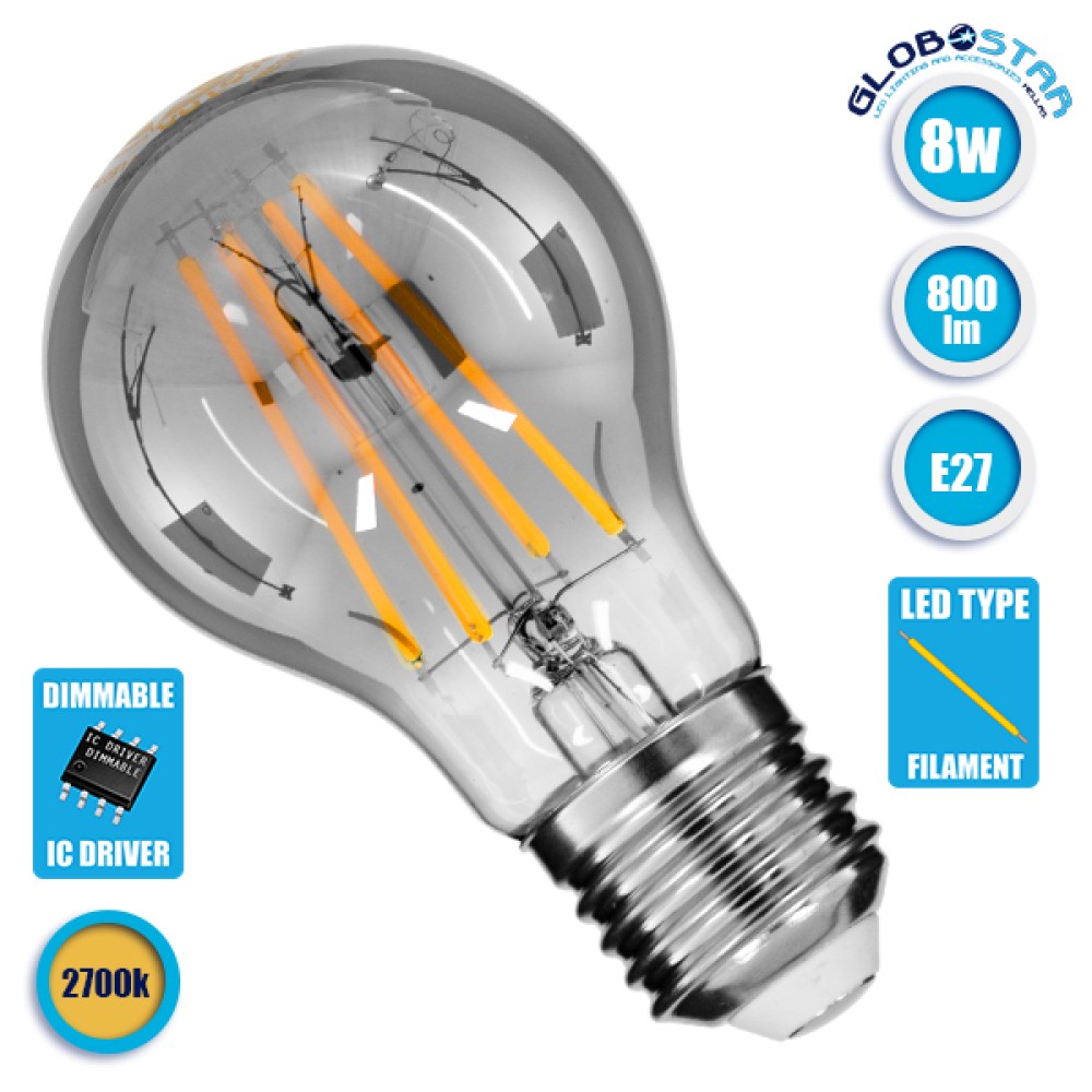 GLOBOSTAR® GLOBE 99067 Λάμπα E27 A60 LED 8W 800lm 360° AC 220-240V IP20 Θερμό Λευκό 2700K Dimmable - Long Filament Chip - Μαύρο Φιμέ - Μ6 x Π6 x Υ11cm - 3 Χρόνια Εγγύηση