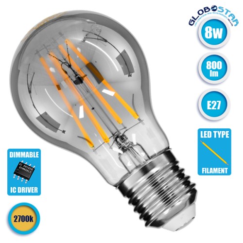 GLOBOSTAR® GLOBE 99067 Λάμπα E27 A60 LED 8W 800lm 360° AC 220-240V IP20 Θερμό Λευκό 2700K Dimmable - Long Filament Chip - Μαύρο Φιμέ - Μ6 x Π6 x Υ11cm - 3 Χρόνια Εγγύηση