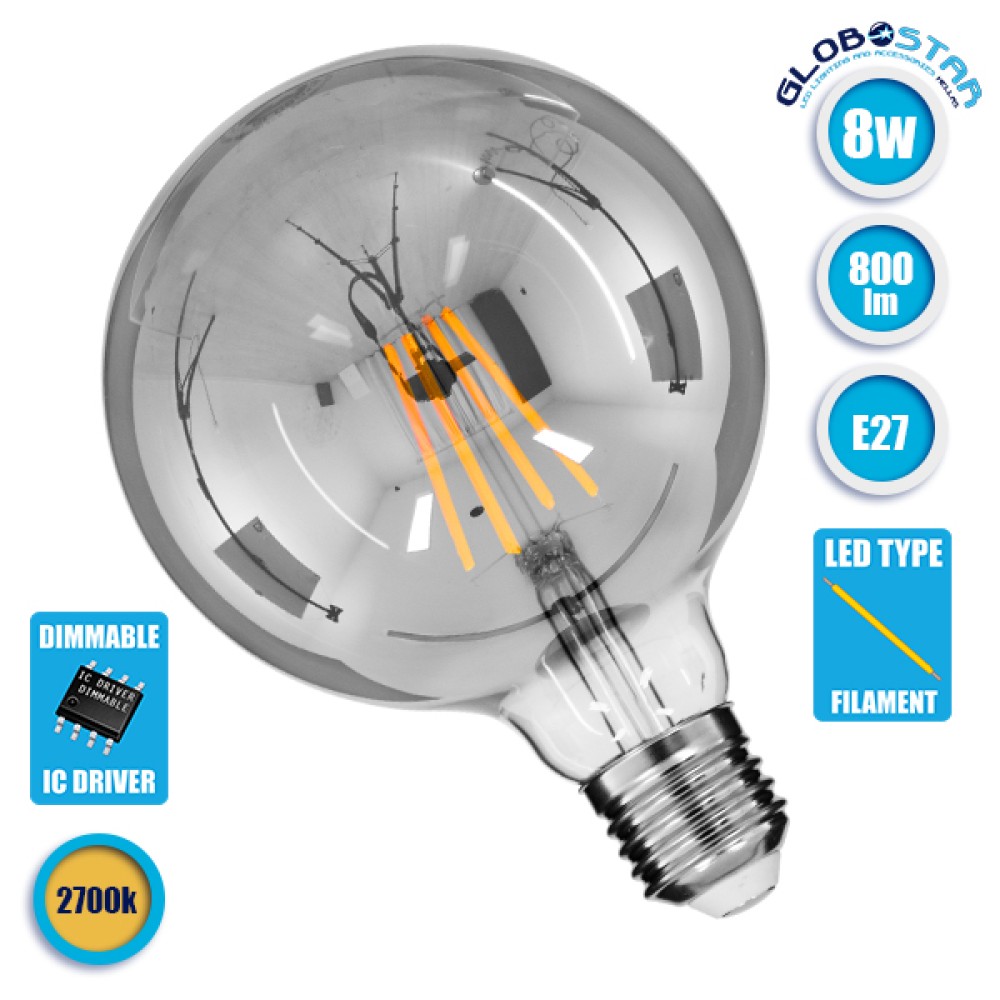 GLOBOSTAR® BUBBLE 99073 Λάμπα E27 G125 LED 8W 800lm 360° AC 220-240V IP20 Θερμό Λευκό 2700K Dimmable - Long Filament Chip - Μαύρο Φιμέ - Μ12.5 x Π12.5 x Υ17.8cm - 3 Χρόνια Εγγύηση