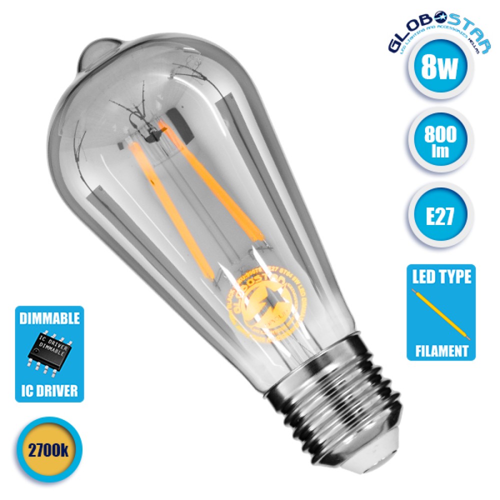 GLOBOSTAR® PEAR 99076 Λάμπα E27 ST64 LED 8W 800lm 360° AC 220-240V IP20 Θερμό Λευκό 2700K Dimmable - Long Filament Chip - Μαύρο Φιμέ - Μ6.4 x Π6.4 x Υ14.5cm - 3 Χρόνια Εγγύηση
