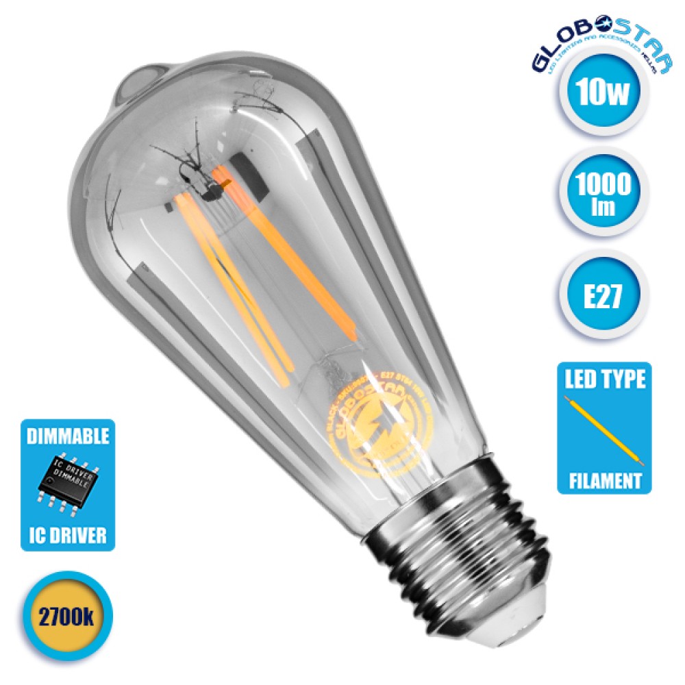 GLOBOSTAR® PEAR 99077 Λάμπα E27 ST64 LED 10W 1000lm 360° AC 220-240V IP20 Θερμό Λευκό 2700K Dimmable - Long Filament Chip - Μαύρο Φιμέ - Μ6.4 x Π6.4 x Υ14.5cm - 3 Χρόνια Εγγύηση