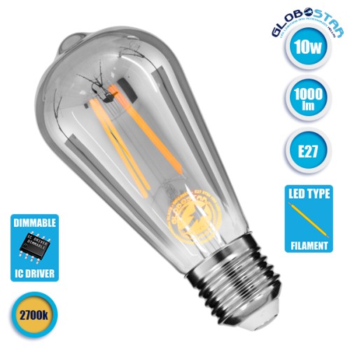 GLOBOSTAR® PEAR 99077 Λάμπα E27 ST64 LED 10W 1000lm 360° AC 220-240V IP20 Θερμό Λευκό 2700K Dimmable - Long Filament Chip - Μαύρο Φιμέ - Μ6.4 x Π6.4 x Υ14.5cm - 3 Χρόνια Εγγύηση