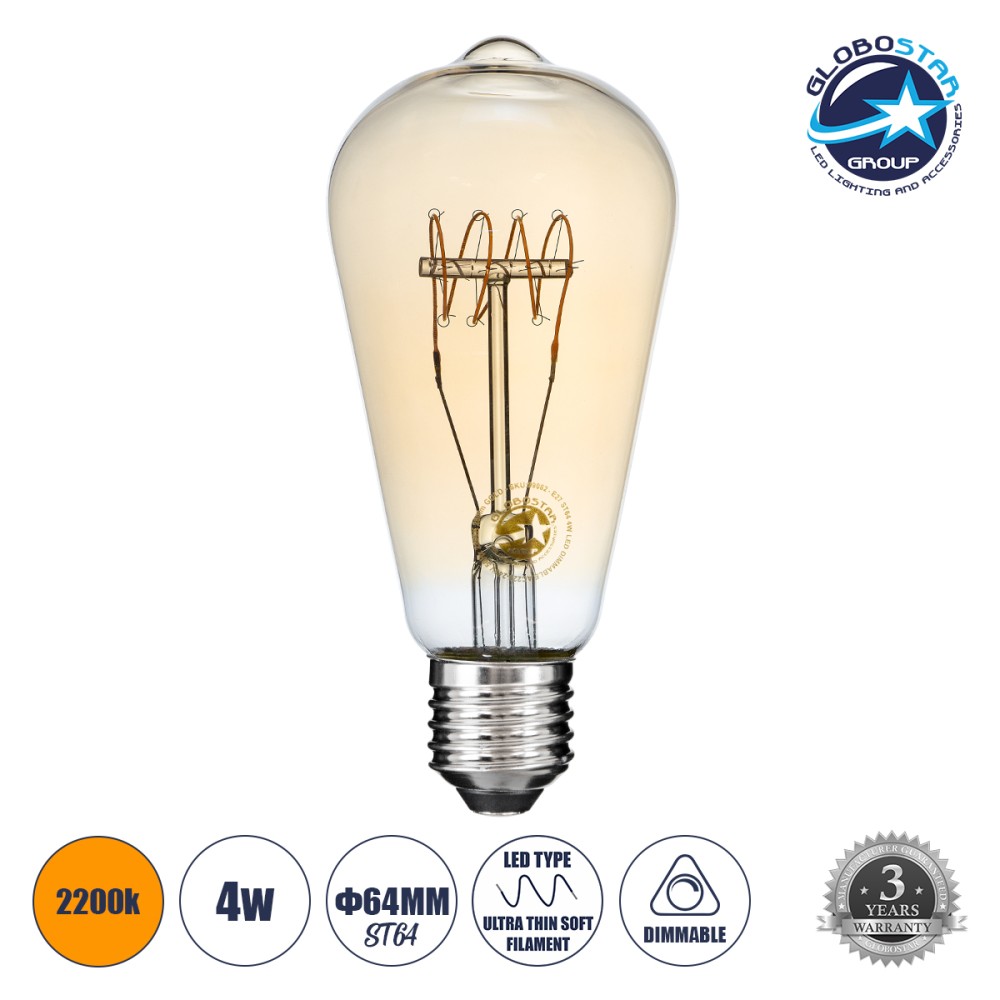 GLOBOSTAR® PEAR 99082 Λάμπα E27 ST64 LED 4W 280lm 360° AC 220-240V IP20 Ultra Θερμό Λευκό 2200K Dimmable - Ultra Thin Soft T Spiral Filament Chip - Μελί - Μ6.4 x Π6.4 x Υ14cm - 3 Χρόνια Εγγύηση