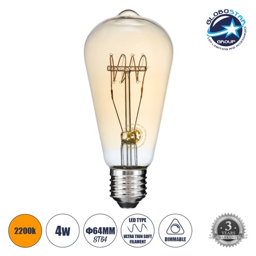 GLOBOSTAR® PEAR 99082 Λάμπα E27 ST64 LED 4W 280lm 360° AC 220-240V IP20 Ultra Θερμό Λευκό 2200K Dimmable - Ultra Thin Soft T Spiral Filament Chip - Μελί - Μ6.4 x Π6.4 x Υ14cm - 3 Χρόνια Εγγύηση