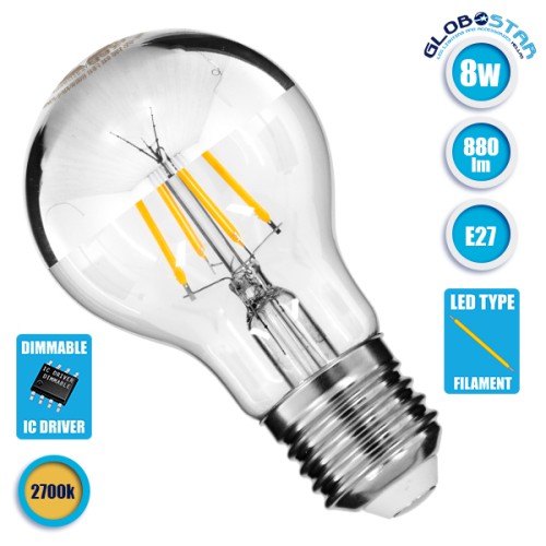GLOBOSTAR® GLOBE 99103 Λάμπα E27 A60 LED 8W 880lm 320° AC 220-240V IP20 Θερμό Λευκό 2700K Dimmable - Filament Chip - Διάφανο με Ανεστραμμένο Καθρέπτη Νίκελ Χρωμίο - Μ6 x Π6 x Υ11cm - 3 Χρόνια Εγγύηση