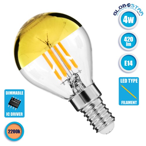 GLOBOSTAR® SPHERE 99105 Λάμπα E14 G45 LED 4W 420lm 320° AC 220-240V IP20 Ultra Θερμό Λευκό 2200K Dimmable - Filament Chip - Διάφανο με Χρυσό Ανεστραμμένο Καθρέπτη - Μ4.5 x Π4.5 x Υ8.1cm - 3 Χρόνια Εγγύηση