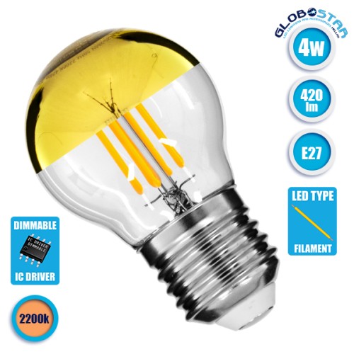 GLOBOSTAR® SPHERE 99106 Λάμπα E27 G45 LED 4W 420lm 320° AC 220-240V IP20 Ultra Θερμό Λευκό 2200K Dimmable - Filament Chip - Διάφανο με Χρυσό Ανεστραμμένο Καθρέπτη - Μ4.5 x Π4.5 x Υ7.7cm - 3 Χρόνια Εγγύηση