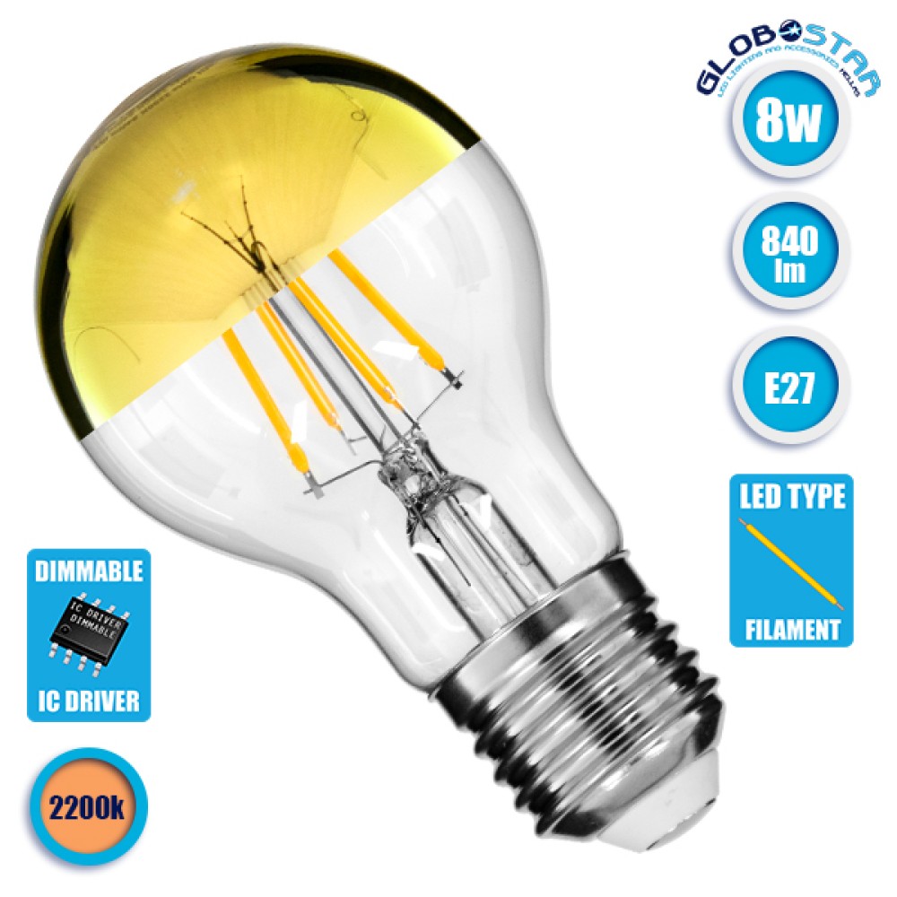 GLOBOSTAR® GLOBE 99107 Λάμπα E27 A60 LED 8W 840lm 320° AC 220-240V IP20 Ultra Θερμό Λευκό 2200K Dimmable - Filament Chip - Διάφανο με Χρυσό Ανεστραμμένο Καθρέπτη - Μ6 x Π6 x Υ11cm - 3 Χρόνια Εγγύηση