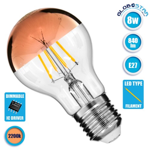 GLOBOSTAR® GLOBE 99111 Λάμπα E27 A60 LED 8W 840lm 320° AC 220-240V IP20 Ultra Θερμό Λευκό 2200K Dimmable - Filament Chip - Διάφανο με Χάλκινο Ανεστραμμένο Καθρέπτη - Μ6 x Π6 x Υ11cm - 3 Χρόνια Εγγύηση