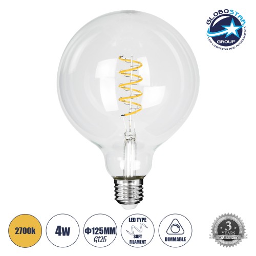 GLOBOSTAR® BUBBLE 99137 Λάμπα E27 G125 LED 4W 300lm 360° AC 220-240V IP20 Θερμό Λευκό 2700K Dimmable - Soft S Spiral Filament Chip - Διάφανο - Μ12.5 x Π12.5 x Υ18cm - 3 Χρόνια Εγγύηση