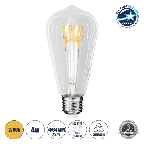 GLOBOSTAR® PEAR 99140 Λάμπα E27 ST64 LED 4W 300lm 360° AC 220-240V IP20 Θερμό Λευκό 2700K Dimmable - Soft T Spiral Filament Chip - Διάφανο - Μ6.4 x Π6.4 x Υ14cm - 3 Χρόνια Εγγύηση