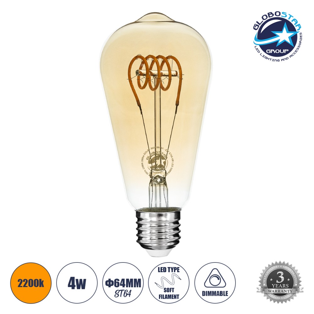 GLOBOSTAR® PEAR 99141 Λάμπα E27 ST64 LED 4W 280lm 360° AC 220-240V IP20 Ultra Θερμό Λευκό 2200K Dimmable - Soft T Spiral Filament Chip - Μελί - Μ6.4 x Π6.4 x Υ14cm - 3 Χρόνια Εγγύηση