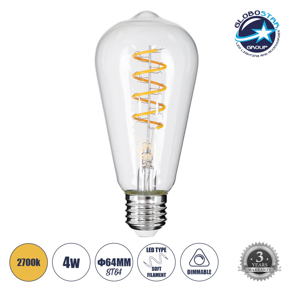 GLOBOSTAR® PEAR 99143 Λάμπα E27 ST64 LED 4W 300lm 360° AC 220-240V IP20 Θερμό Λευκό 2700K Dimmable - Soft S Spiral Filament Chip - Διάφανο - Μ6.4 x Π6.4 x Υ14cm - 3 Χρόνια Εγγύηση
