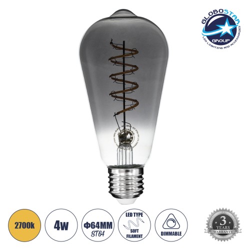 GLOBOSTAR® PEAR 99145 Λάμπα E27 ST64 LED 4W 280lm 360° AC 220-240V IP20 Θερμό Λευκό 2700K Dimmable - Soft S Spiral Filament Chip - Μαύρο Φιμέ - Μ6.4 x Π6.4 x Υ14cm - 3 Χρόνια Εγγύηση