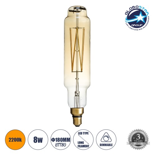 GLOBOSTAR® BANANAS 99168 Λάμπα E27 BTT80 LED 8W 720lm 360° AC 220-240V IP20 Ultra Θερμό Λευκό 2200K Dimmable - Long Filament Chip - Μελί - Μ7.8 x Π7.8 x Υ34.5cm - 3 Χρόνια Εγγύηση