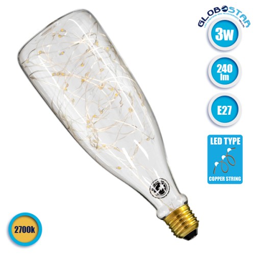 GLOBOSTAR® DECOBOTTLE 99221 Λάμπα E27 DBC80 LED 3W 240lm 360° AC 220-240V IP20 Θερμό Λευκό 2700K - Copper String Chip - Διάφανο - Μ8 x Π8 x Υ23cm - 3 Χρόνια Εγγύηση