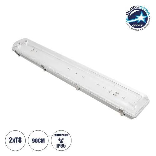 GLOBOSTAR® VIGAS 999-0250 Γραμμικό Βιομηχανικό Φωτιστικό Σκαφάκι Tri-Proof με Μεταλλικά Clips για 2 x Λάμπες T8 G13 90cm Τύπου Φθορίου LED Τροφοδοσίας Ενός Άκρου 120° AC 220-240V Αδιάβροχο IP65 - Γκρι με Διάφανο Κάλυμμα Πλαστικό PC - Μ100 x Π15 x Υ10cm