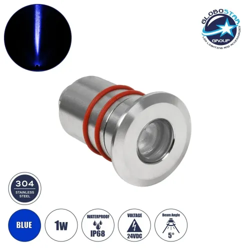 GLOBOSTAR® UNDERWATERDANI 90413 Υποβρύχιο Χωνευτό Σποτ για Σιντριβάνια/Πισίνες LED 1W 80lm 5° DC 24V Αδιάβροχο IP68 Μπλε Dimmable - Bridgelux SMD Chip - Ανοξείδωτο Ατσάλι SS304 - Μ3 x Π3 x Υ5cm / Q2.5cm - 3 Χρόνια Εγγύηση