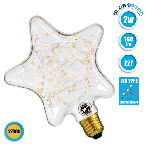 GLOBOSTAR® DECOSTAR 99224 Λάμπα E27 DSC125 LED 2W 160lm 360° AC 220-240V IP20 Θερμό Λευκό 2700K - Copper String Chip - Διάφανο - Μ15 x Π6 x Υ18cm - 3 Χρόνια Εγγύηση