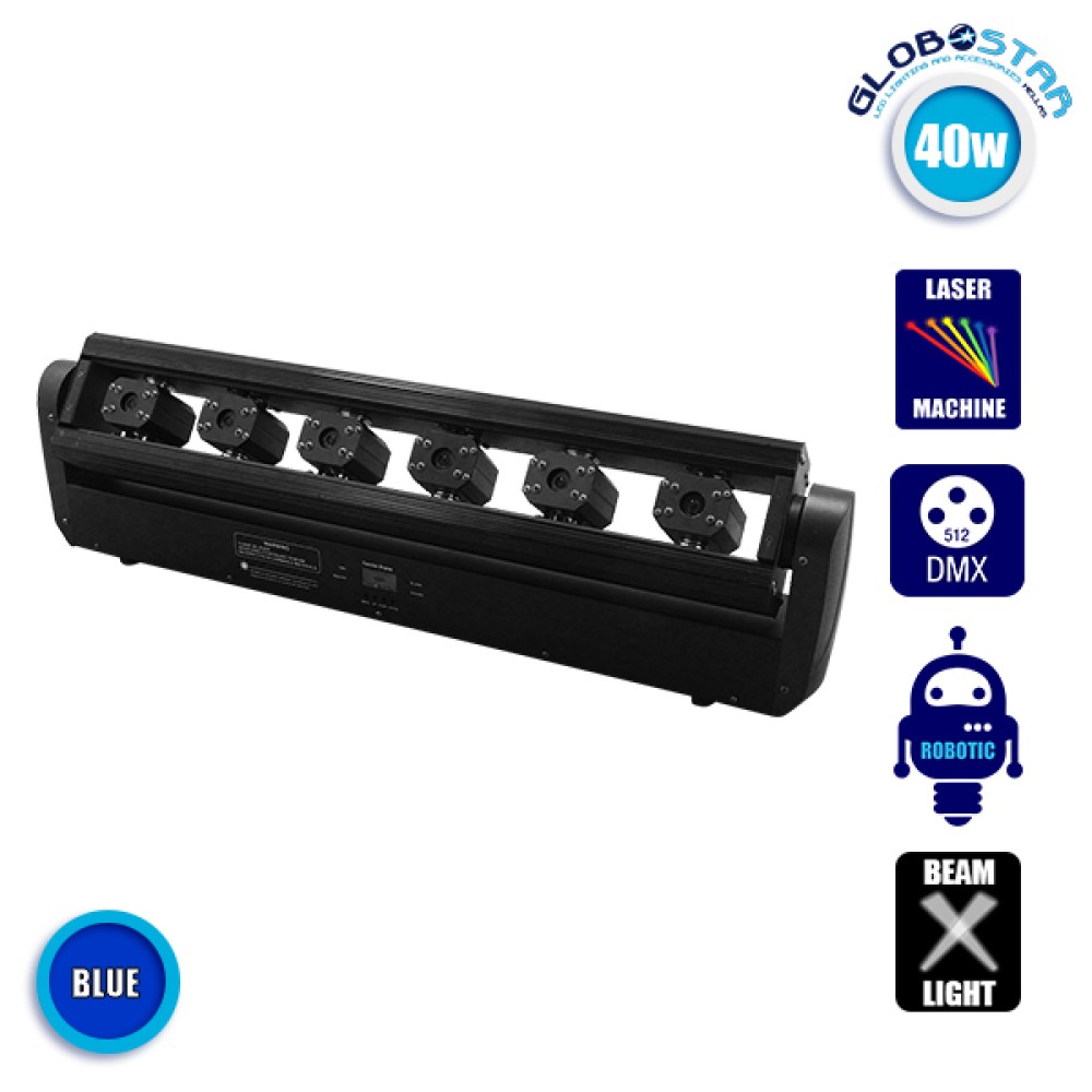 GLOBOSTAR® BAR 51134 Επαγγελματική Κινούμενη Ρομποτική Μπάρα Εφέ Σκηνής LASER Super Beam 40W (6 x 300mW) Μπλε 442nm 3° Dimmable με DMX512 10/17/22 Καναλιών AC 100-240V IP20 - Μαύρο - Μ85 x Π8.1 x Υ24cm - 2 Χρόνια Εγγύηση