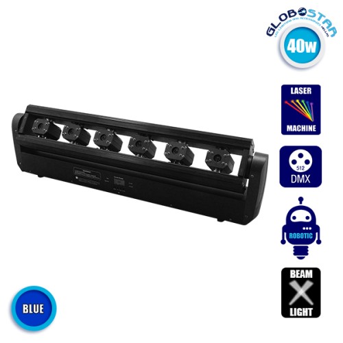 GLOBOSTAR® BAR 51134 Επαγγελματική Κινούμενη Ρομποτική Μπάρα Εφέ Σκηνής LASER Super Beam 40W (6 x 300mW) Μπλε 442nm 3° Dimmable με DMX512 10/17/22 Καναλιών AC 100-240V IP20 - Μαύρο - Μ85 x Π8.1 x Υ24cm - 2 Χρόνια Εγγύηση
