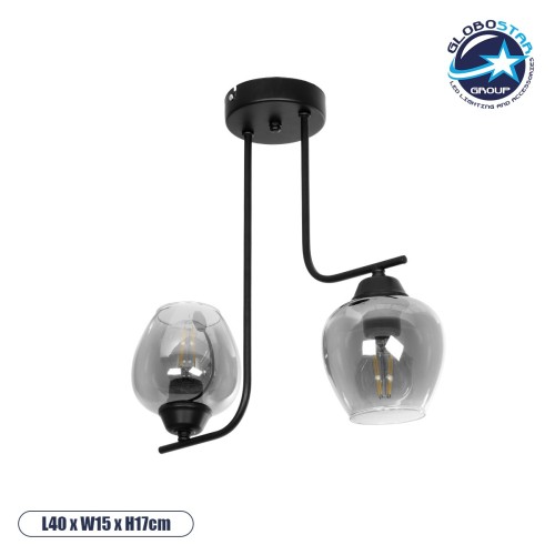 GLOBOSTAR® GLOSSA 201-0091 Vintage Φωτιστικό Οροφής με Ντουί 2 x E27 AC 220-240V IP20 - Μαύρο & Μαύρο Φιμέ - Μ40 x Π15 x Υ17cm
